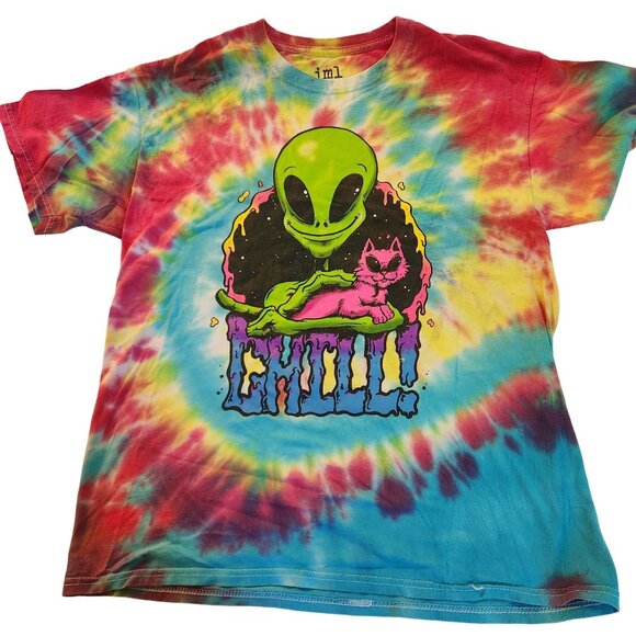 Tie-Dye T-Shirt With Alien & Cat Graphic "Chill!" Rainbow Colors Size L - Picture 1 of 4